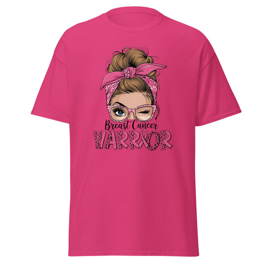 100% cotton pink Breast Cancer Warrior tee with durable taped neck, tubular fabric, double‑seamed hem