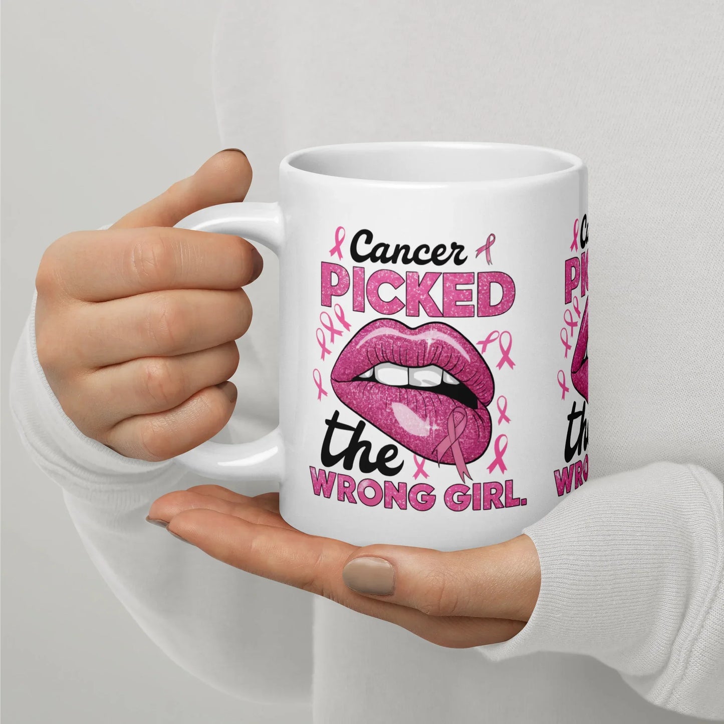 20 oz microwave‑safe Cancer Fighter ceramic mug with bold pink ribbon accents
