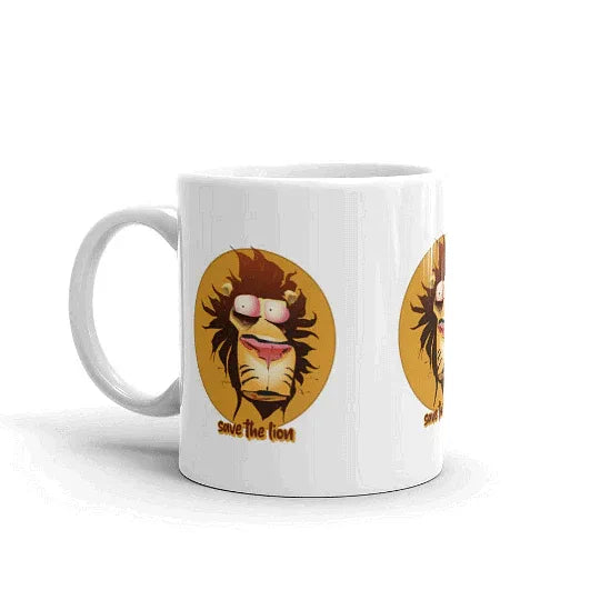 Animal lover gift mug featuring expressive lion print