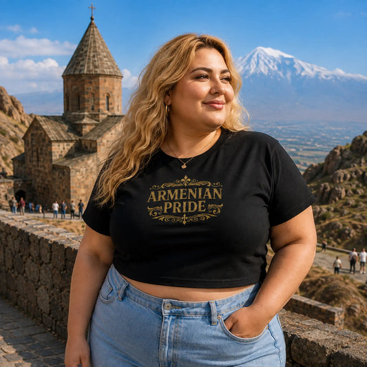 Armenian heritage cropped tee featuring bold scrollwork design