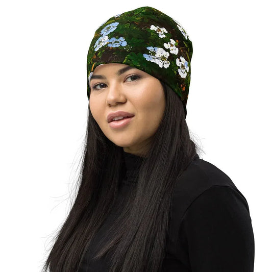 Beanie With Print Of White Flowers / Floral Beanie / Summer Beanie