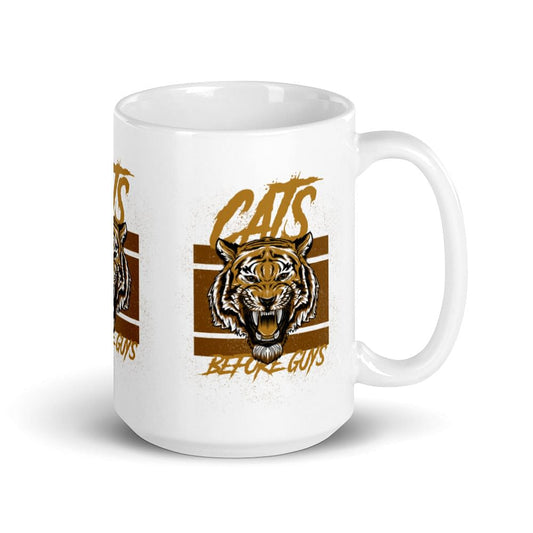 Big Coffee Mug With Tiger Print / Ceramic Mug With Quote 'Cats Before Guys'