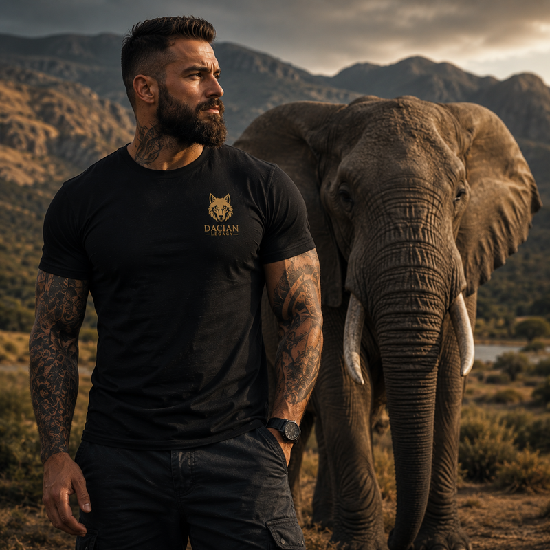 Black Gildan 6400 unisex t-shirt with precision embroidered gold wolf chest badge