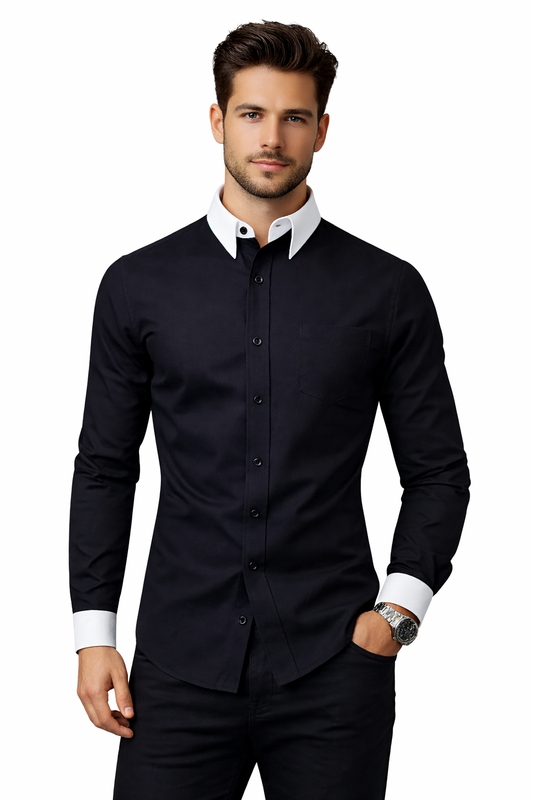 Black dress shirt with white collar and cuffs for business casual wear