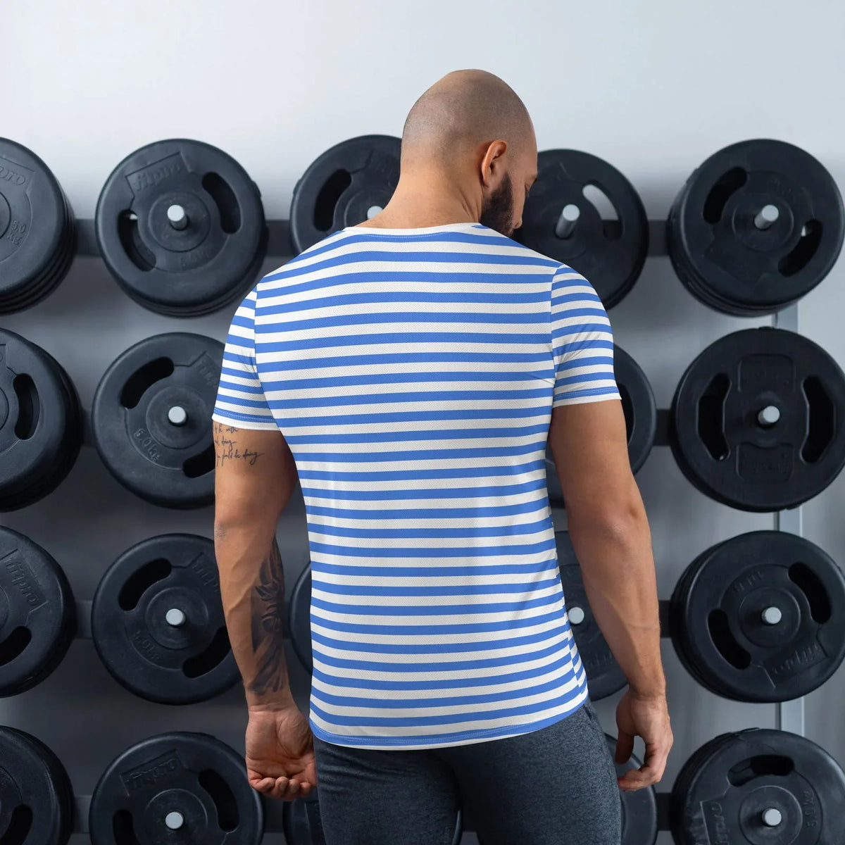 Men's blue and white striped T-shirt styled for everyday wear