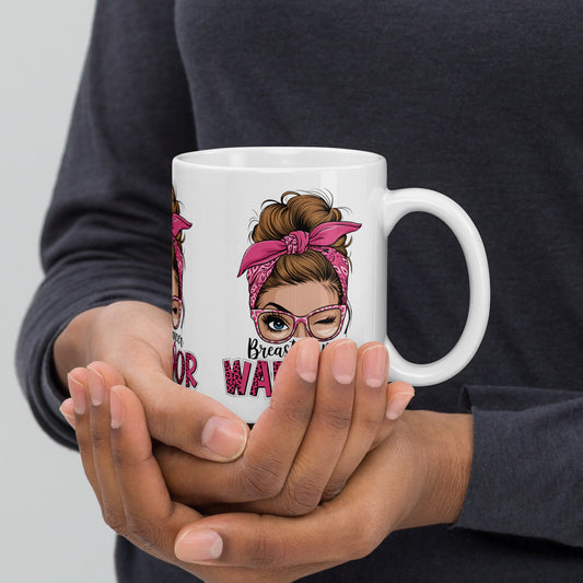 Breast Cancer Warrior Coffee Mug Dishwasher Safe – Pink Bandana Winking Woman