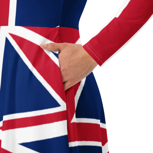 British flag midi dress boat neckline fitted waist flared hem