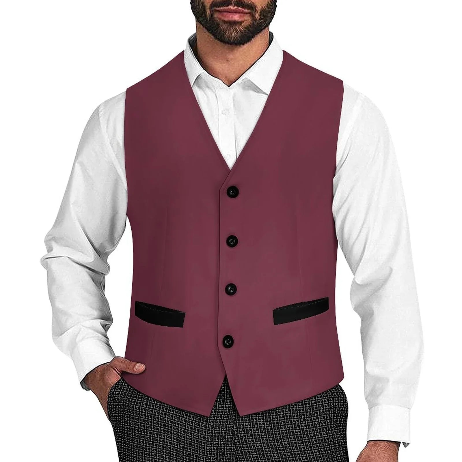 Burgundy Sleeveless Suit Vest | Black Pockets Accents Burgundy Sleeveless Suit Vest | Black Pockets Accents