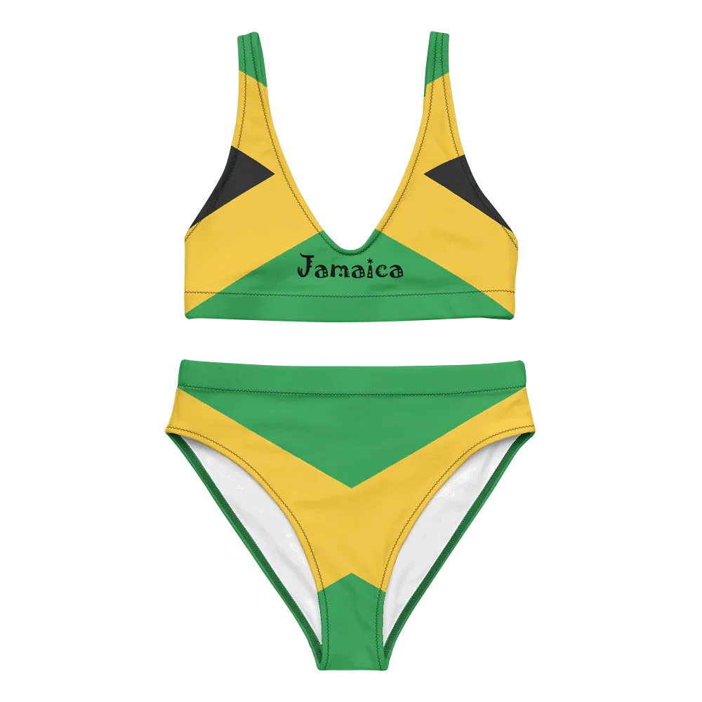 Front view of the Jamaica flag bikini set