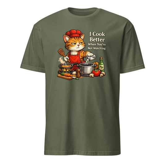 Cat cooking T-shirt with humorous kitchen quote
