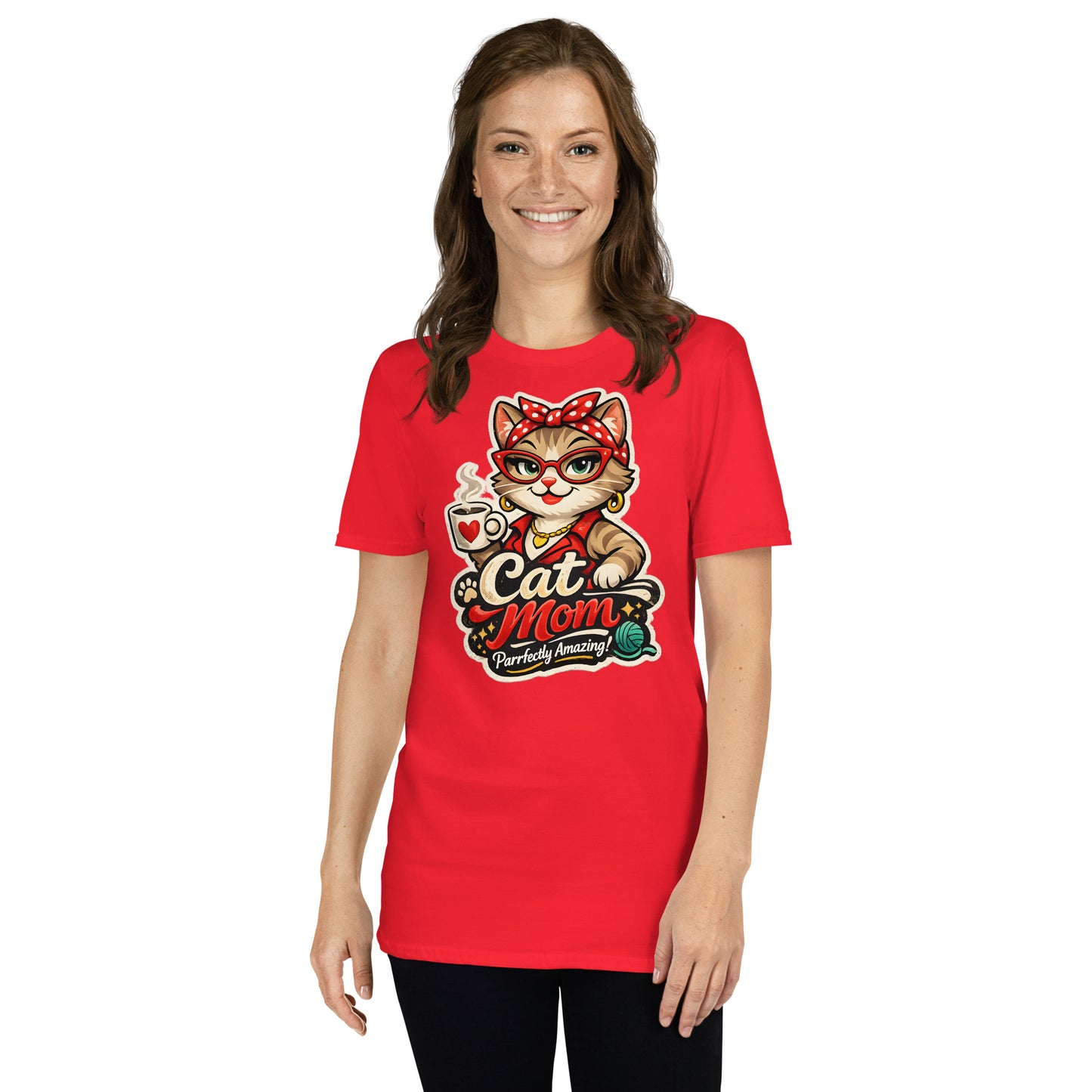 Comfortable Cat Mom tee shirt in red with playful cat artwork