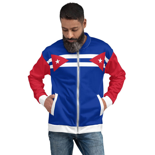 Cuban style blue bomber jacket with flag colors
