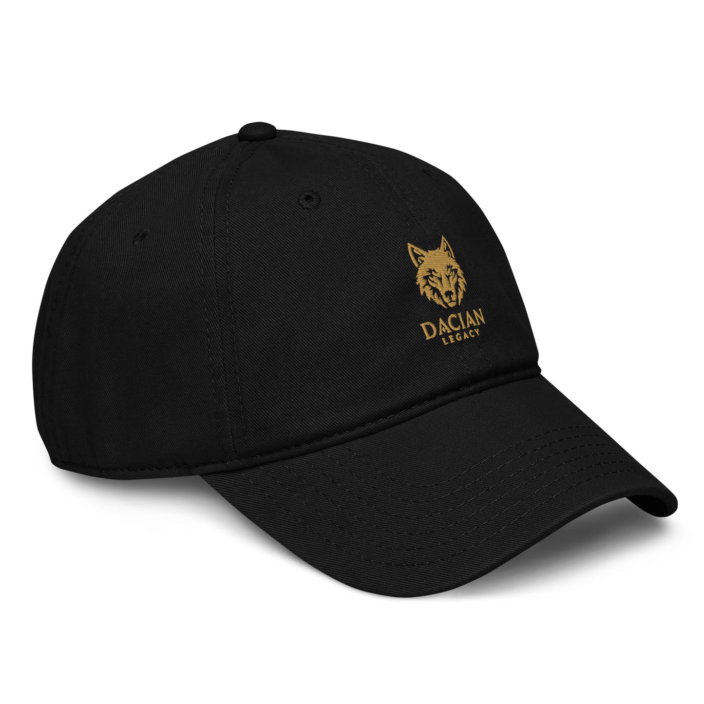 Dacian wolf gold embroidered logo on black unstructured baseball cap front panel