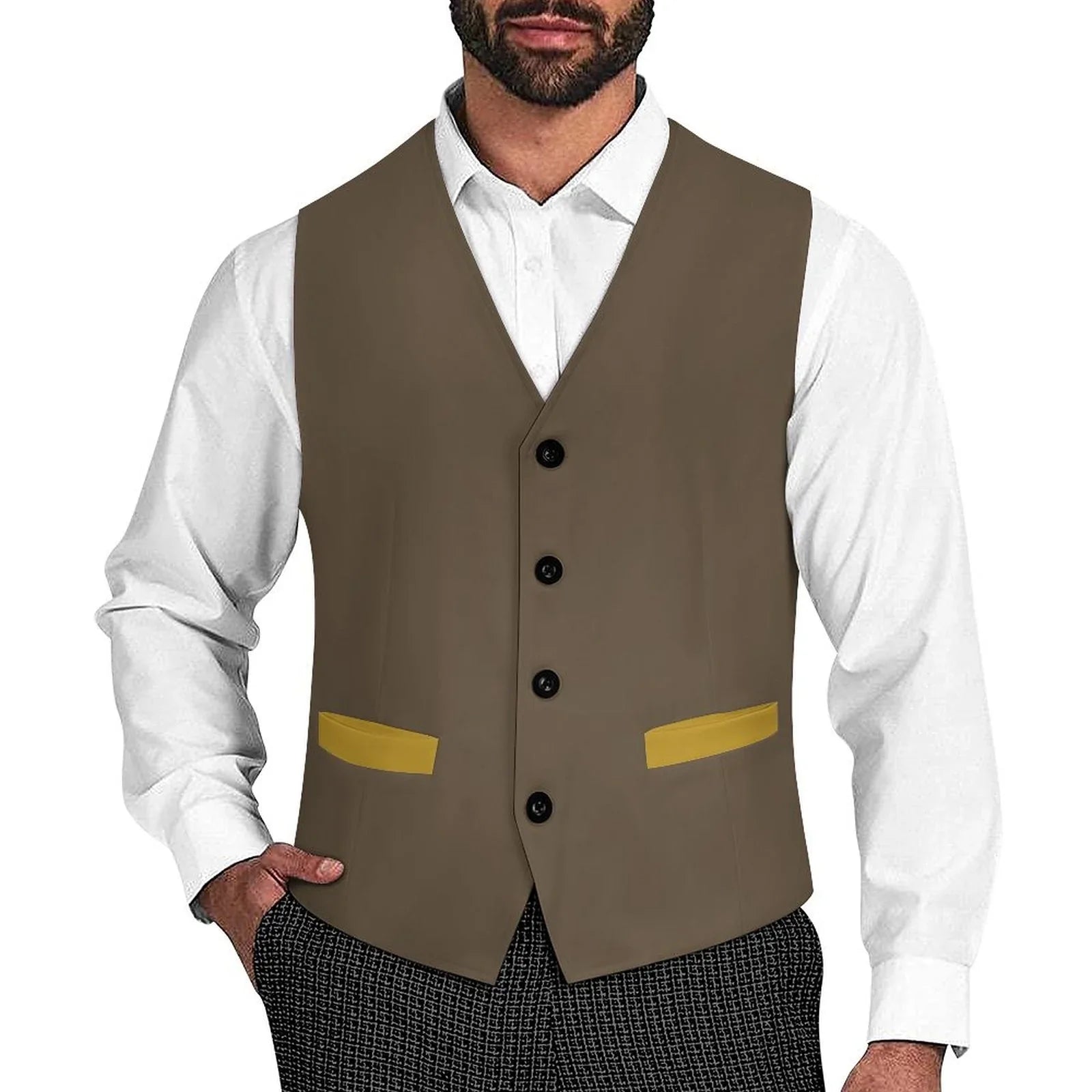 Dark Brown Sleeveless Suit Vest | Deep Deep Gold Pockets Accents Dark Brown / M Dark Brown Sleeveless Suit Vest | Deep Deep Gold Pockets Accents Dark Brown / M