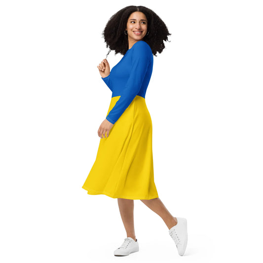 Elegant blue and yellow long sleeve dress for women