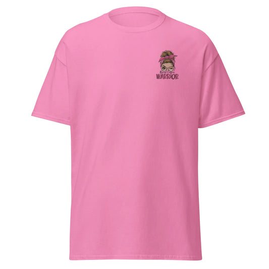 Embroidered Breast Cancer Warrior T‑Shirt taped neck and shoulders detail
