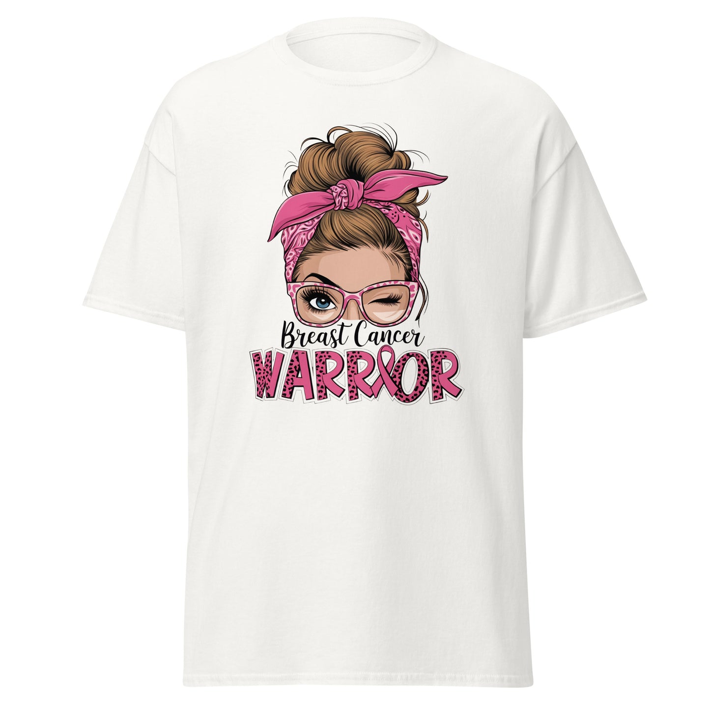 Embroidered breast cancer awareness tee featuring fierce woman bandana graphic on soft open‑end yarn cotton