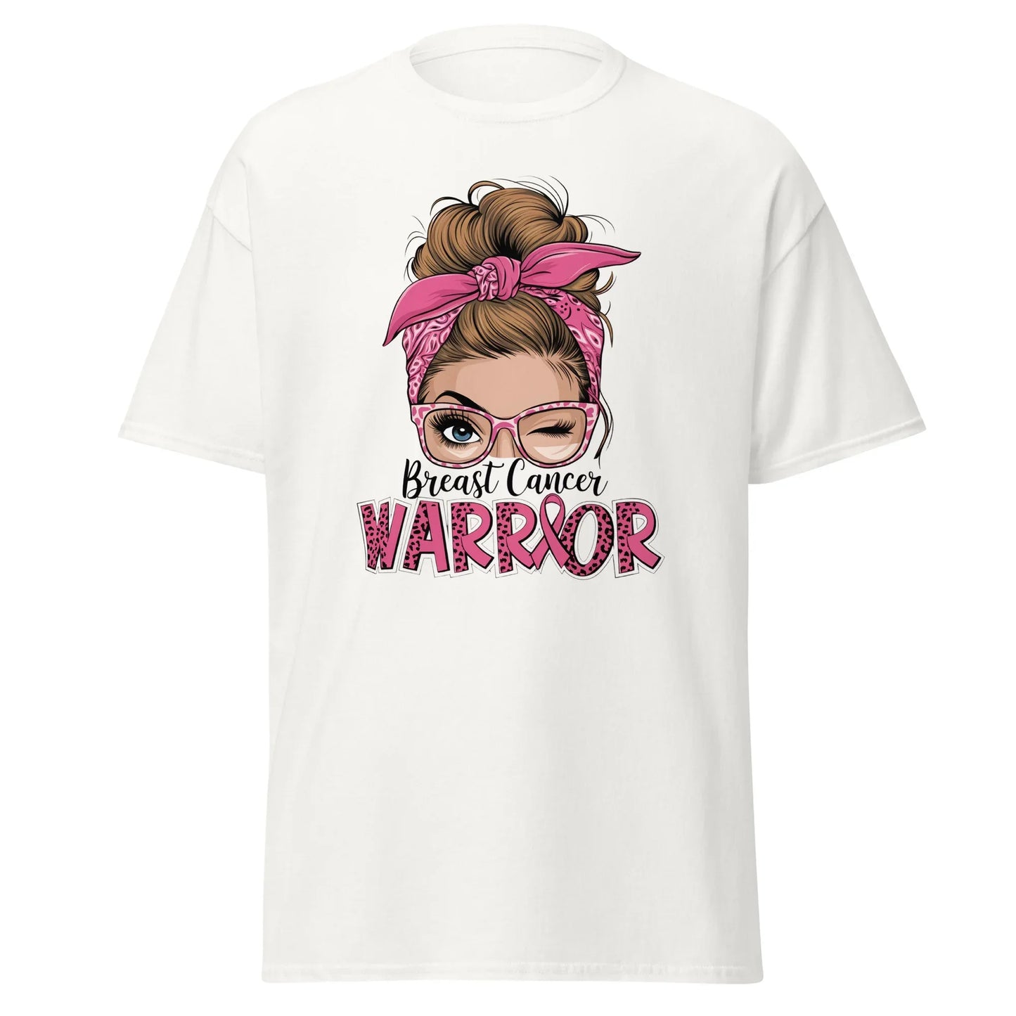 Embroidered breast cancer awareness tee featuring fierce woman bandana graphic on soft open‑end yarn cotton