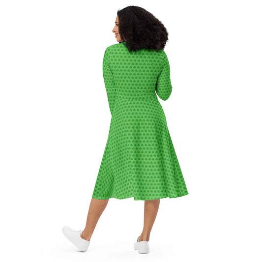 Festive midi dress with all-over clover design for St. Patrick's Day
