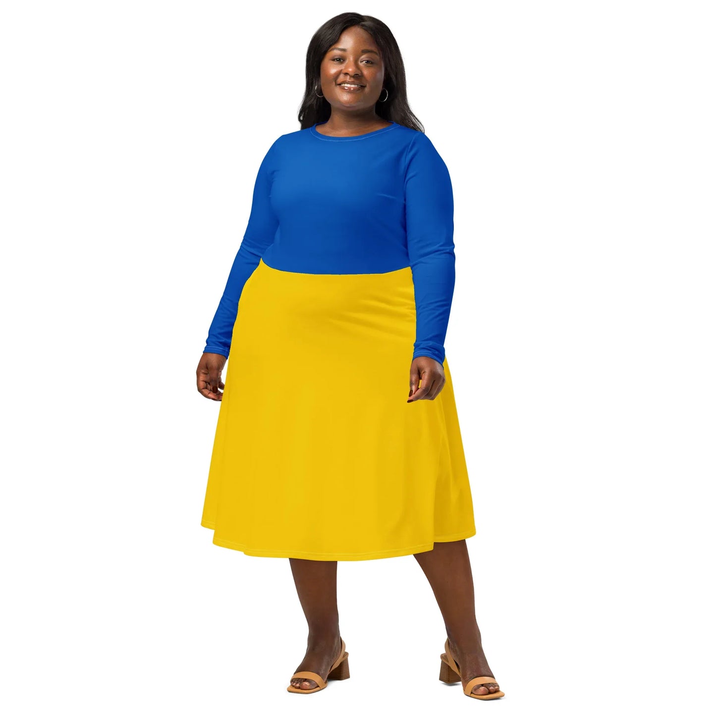 Fitted waist blue yellow midi dress with long sleeves