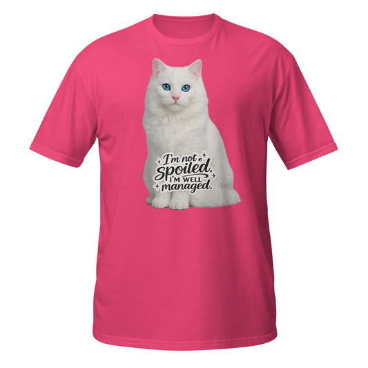 Funny cat graphic t-shirt featuring white cat with blue eyes