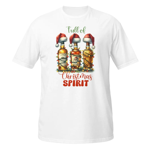 Funny holiday t-shirt with Christmas liquor bottles and Santa hats