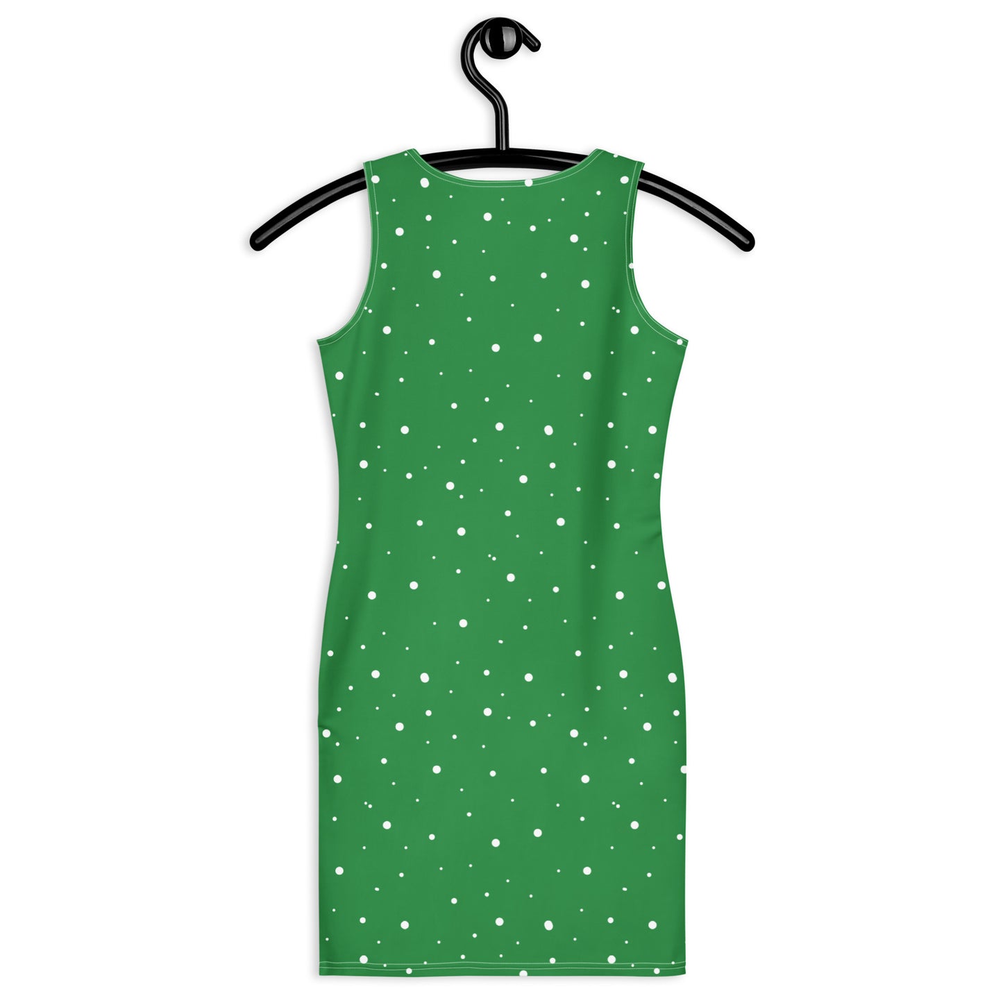 Green and white polka dot sleeveless bodycon dress hanging on a black hanger