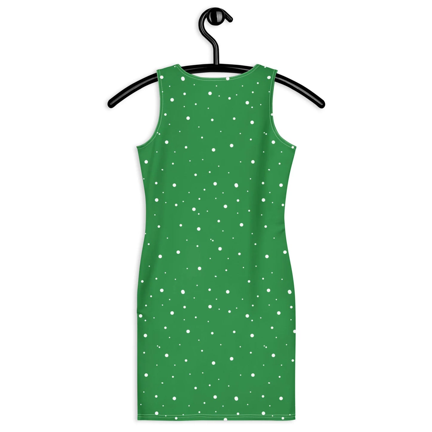 Green and white polka dot sleeveless bodycon dress hanging on a black hanger