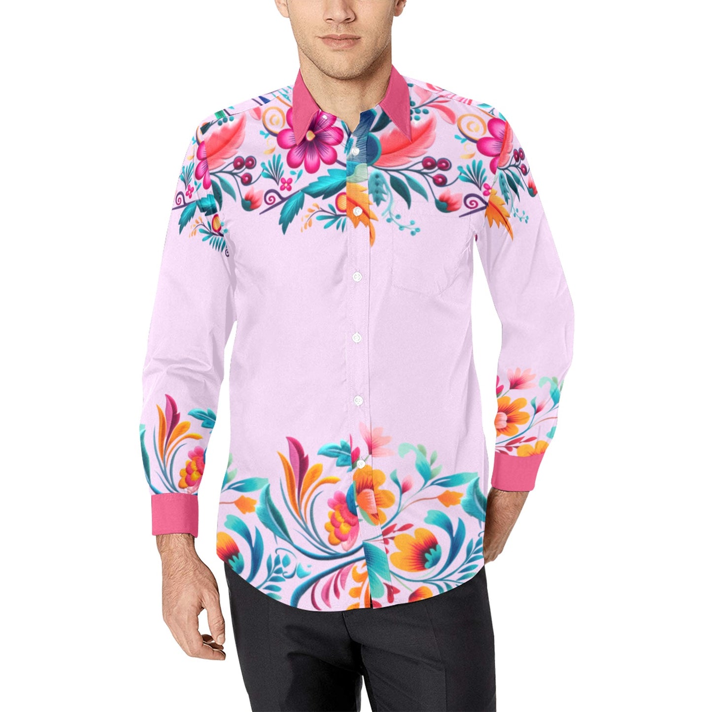 Holiday Ready Light Pink Mexican Dress Shirt for Men with Button Down Collar
