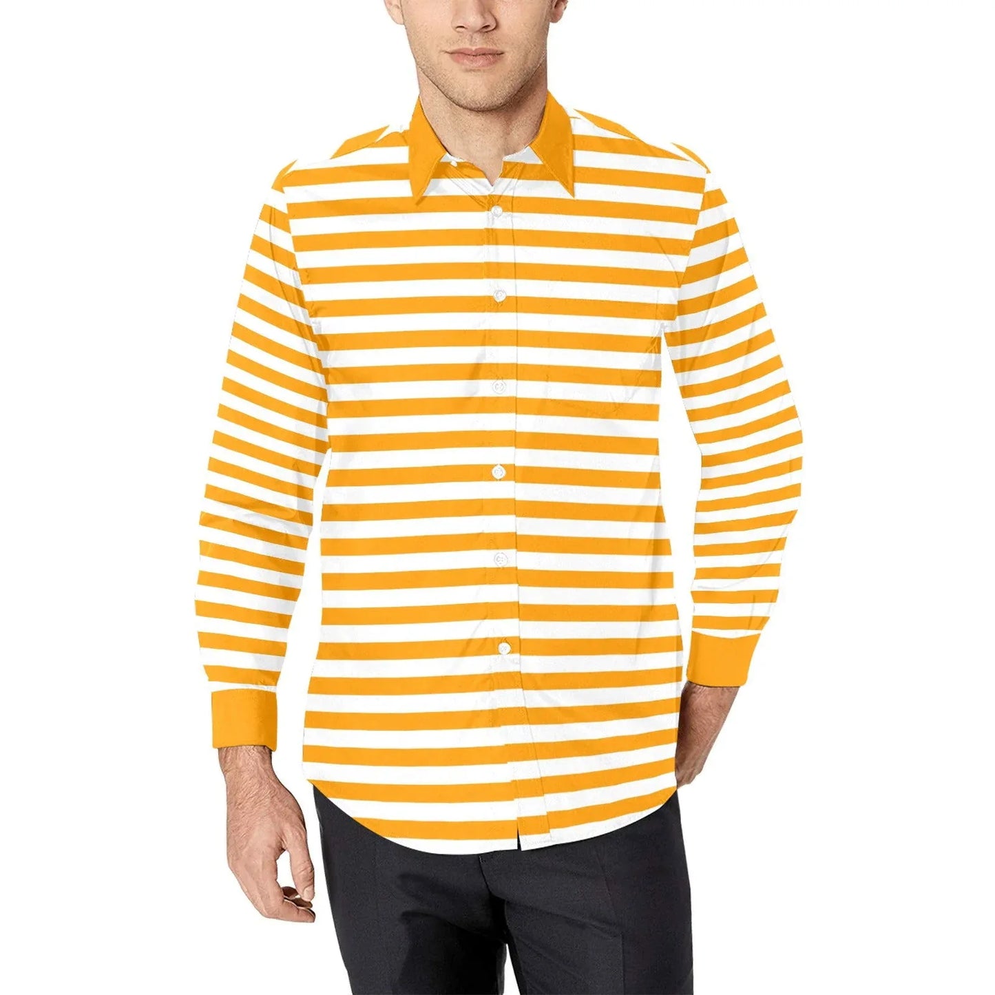 Horizontal striped orange dress shirt with chest pocket and button-down collar