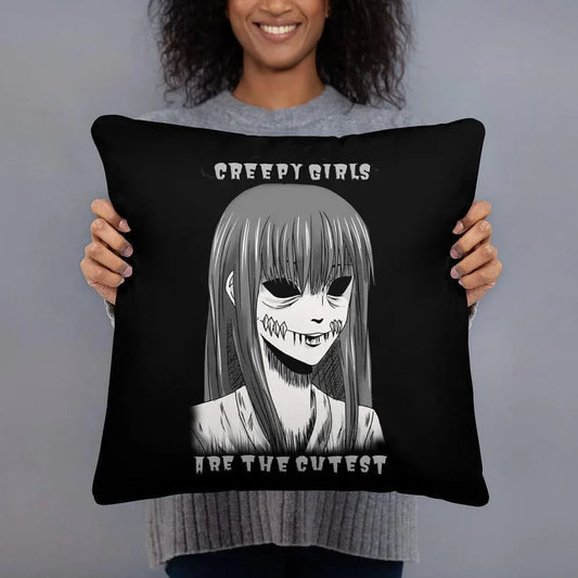Horror-themed pillow with dark aesthetic featuring creepy girl design