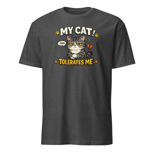 Humorous cat t-shirt design for cat lovers featuring annoyed cartoon cat