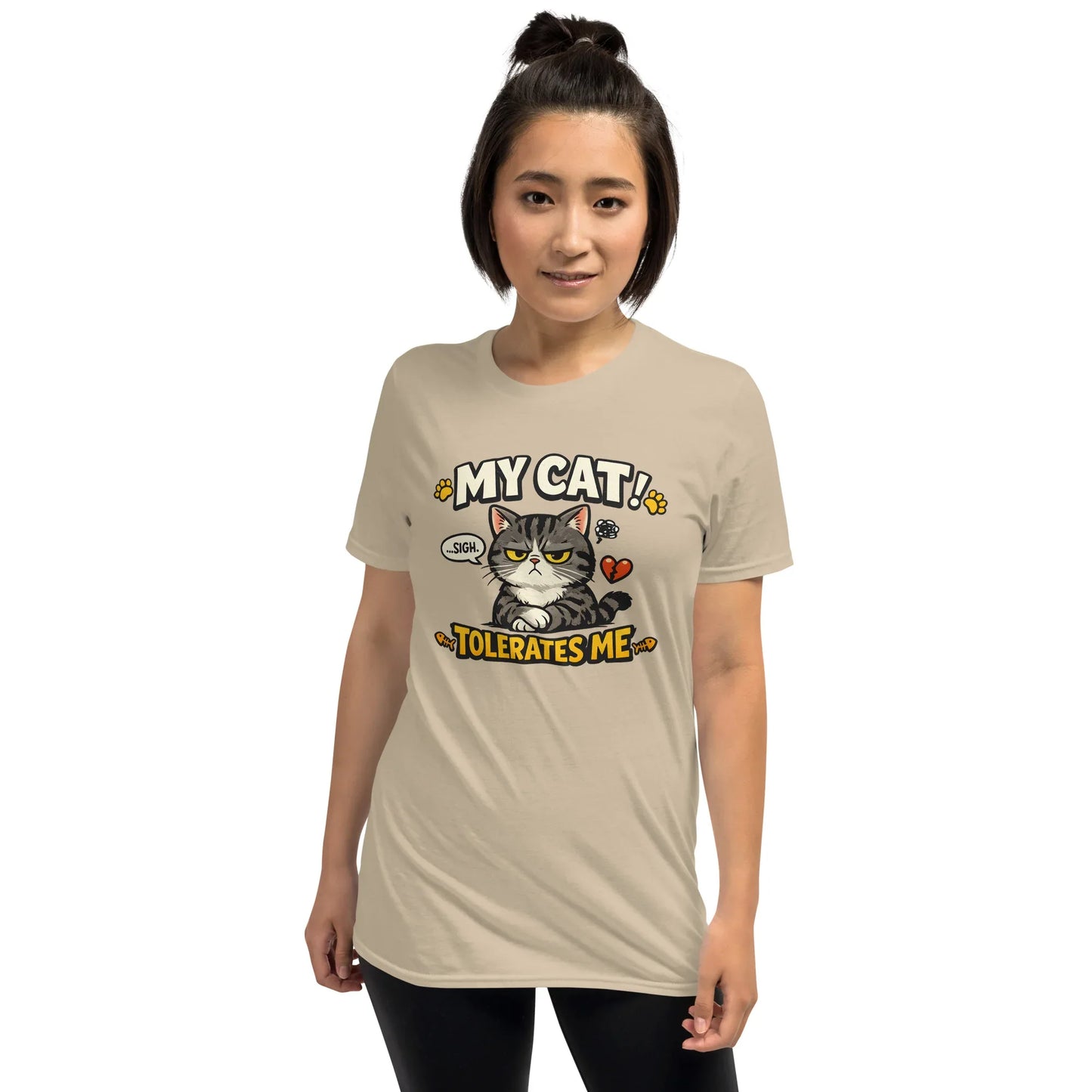 Humorous pet owner shirt with grumpy cat cartoon