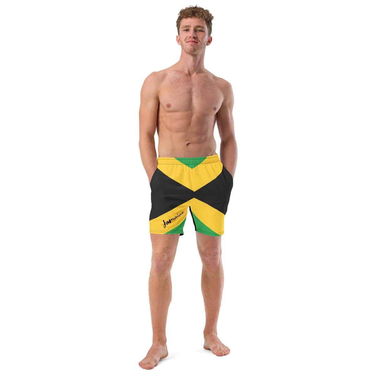 Jamaican flag swim trunks for summer vacations and beach days