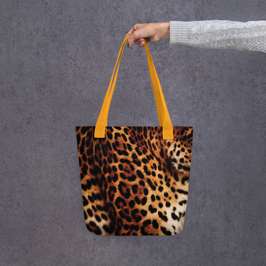 Leopard print handbag with spacious 10L capacity and strong bull denim handles