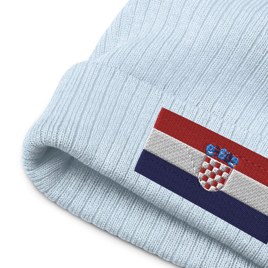 Light blue Premium Quality Croatia Beanie / Ribbed Knit Beanie With Embroidered Flag From Croatia / 8 colors / Recycled Polyester