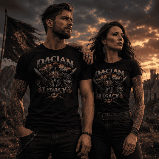 Man and woman wearing black Dacian Legacy graphic t-shirt with wolf and warrior helmet design
