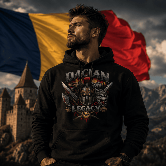 Man wearing black Dacian Legacy Romanian heritage hoodie with wolf graphic, dramatic castle and flag backdrop
