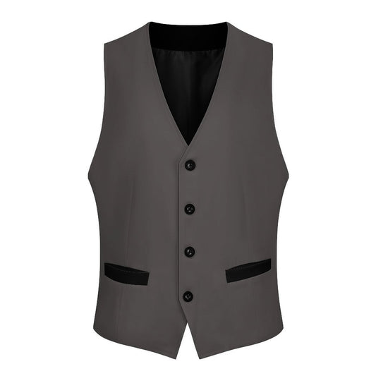 Men's grey vest featuring a V-neck design and 4-black button closure