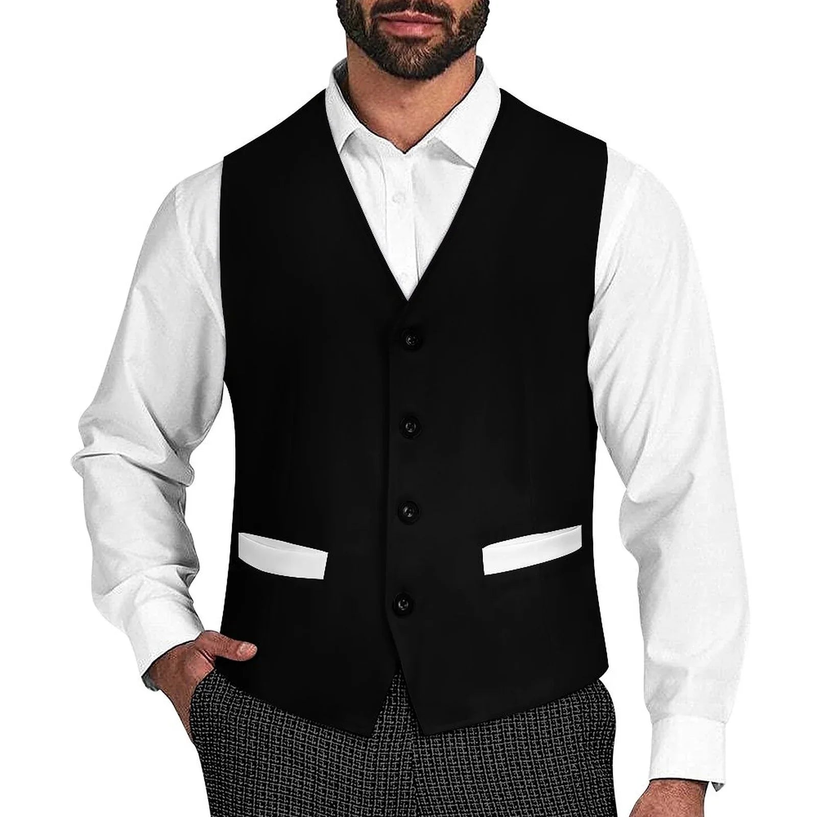 Black Sleeveless Suit Vest | White Pockets Accents | YVDdesign Black Sleeveless Suit Vest | White Pockets Accents | YVDdesign