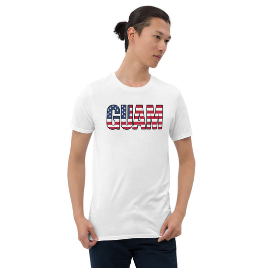 Patriotic Guam tee with stars-and-stripes block lettering