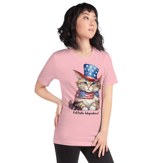 Pink Patriotic Cat Tshirt With Customizable Text For Cat Lovers