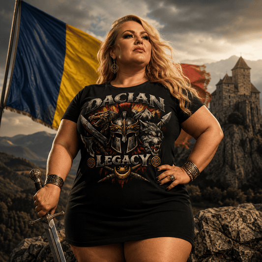 Plus size Romanian woman wearing Dacian warrior shirt dress