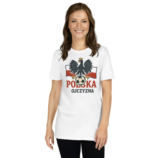 Polish eagle and red-white flag soccer graphic on white unisex tee