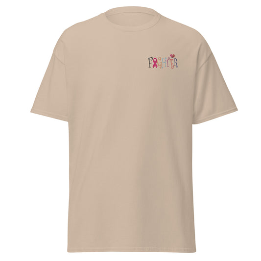 Sand-colored cancer awareness tee double seam hem sleeves