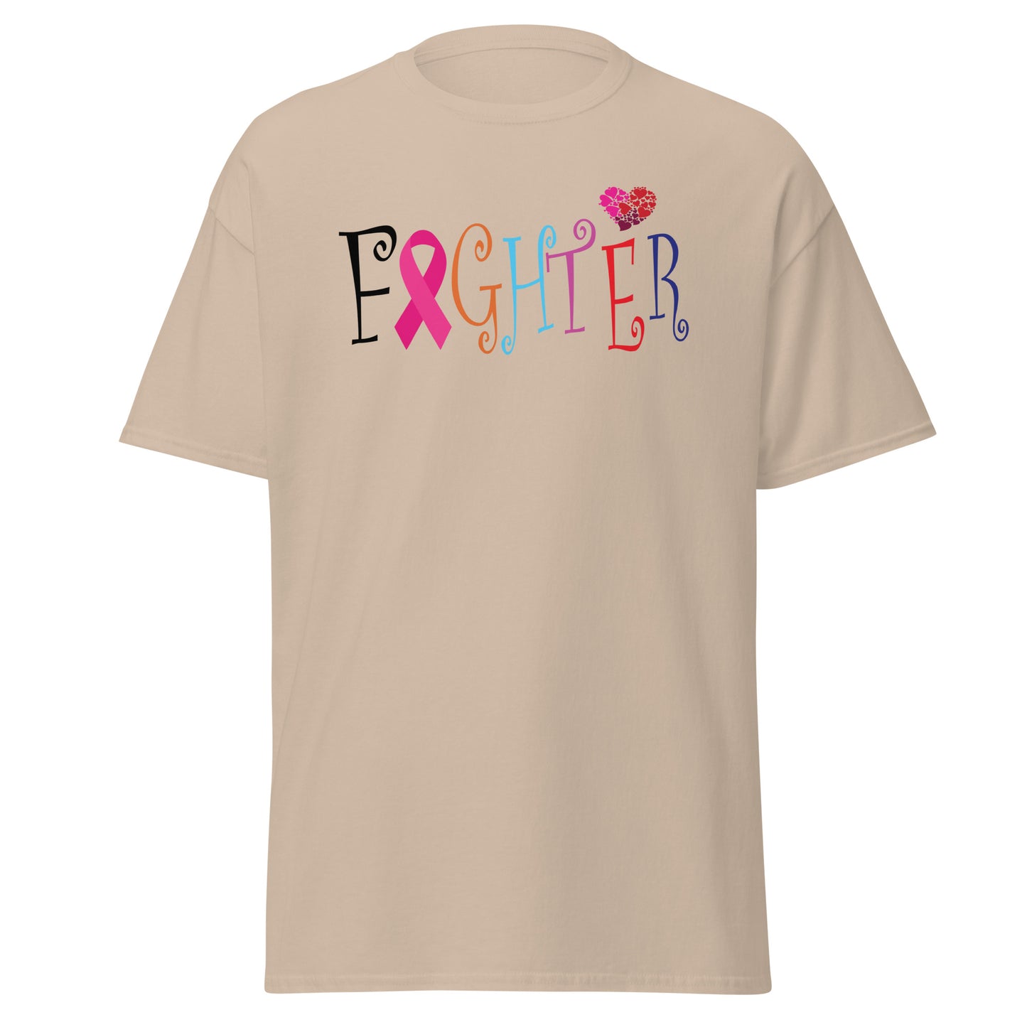 Sand Cancer Fighter shirt showing front-center FIGHTER text with pink ribbon symbol