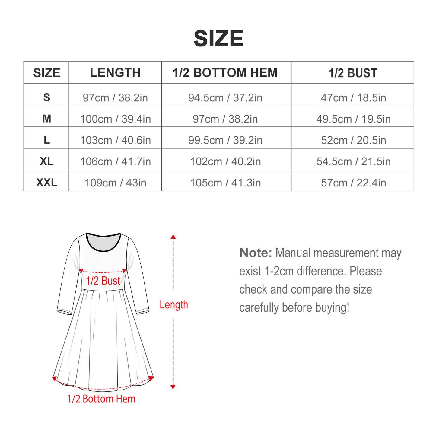 Size Guide Long Sleeved Dress