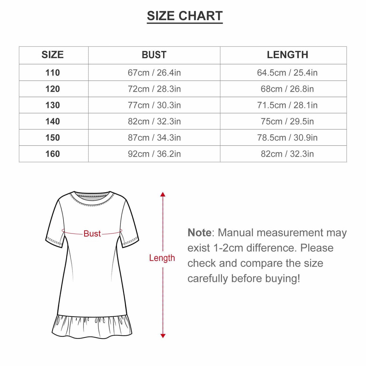 Size chart Union Jack dress for children