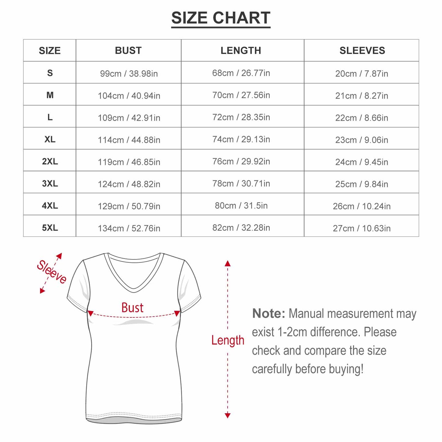Size chart christmas t-shirt for women