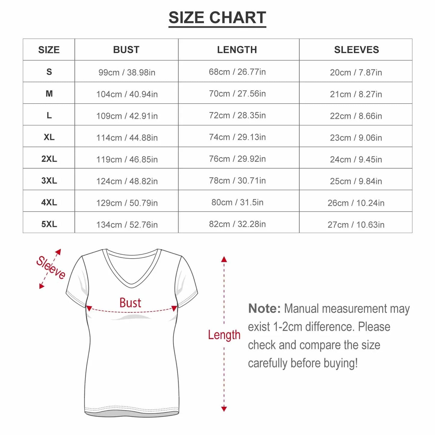 Size chart christmas t-shirt for women